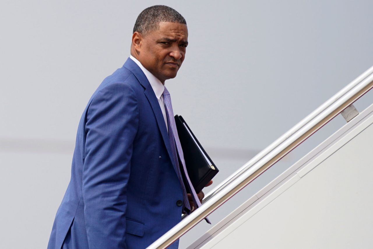 In this July 2021 photo, White House adviser Cedric Richmond boards Air Force One at Andrews Air Force Base in Maryland.