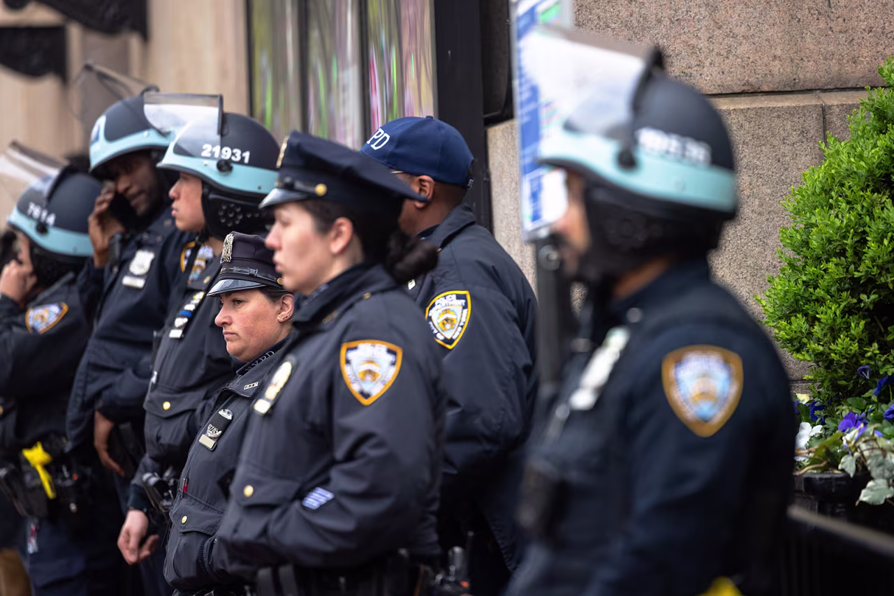 NYPD officers stand guard outside of Columbia University on April 24, in New York City. 