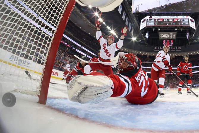 Carolina Hurricanes forward Andrei Svechnikov celebrates after scoring a goal on New Jersey Devils goalie Jacob Markstrom on Sunday, April 27. Carolina defeated New Jersey in five games to advance to the second round of the Stanley Cup Playoffs.
