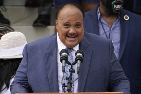 Martin Luther King III speaks during the March on Washington at the Lincoln Memorial August 28 in Washington.