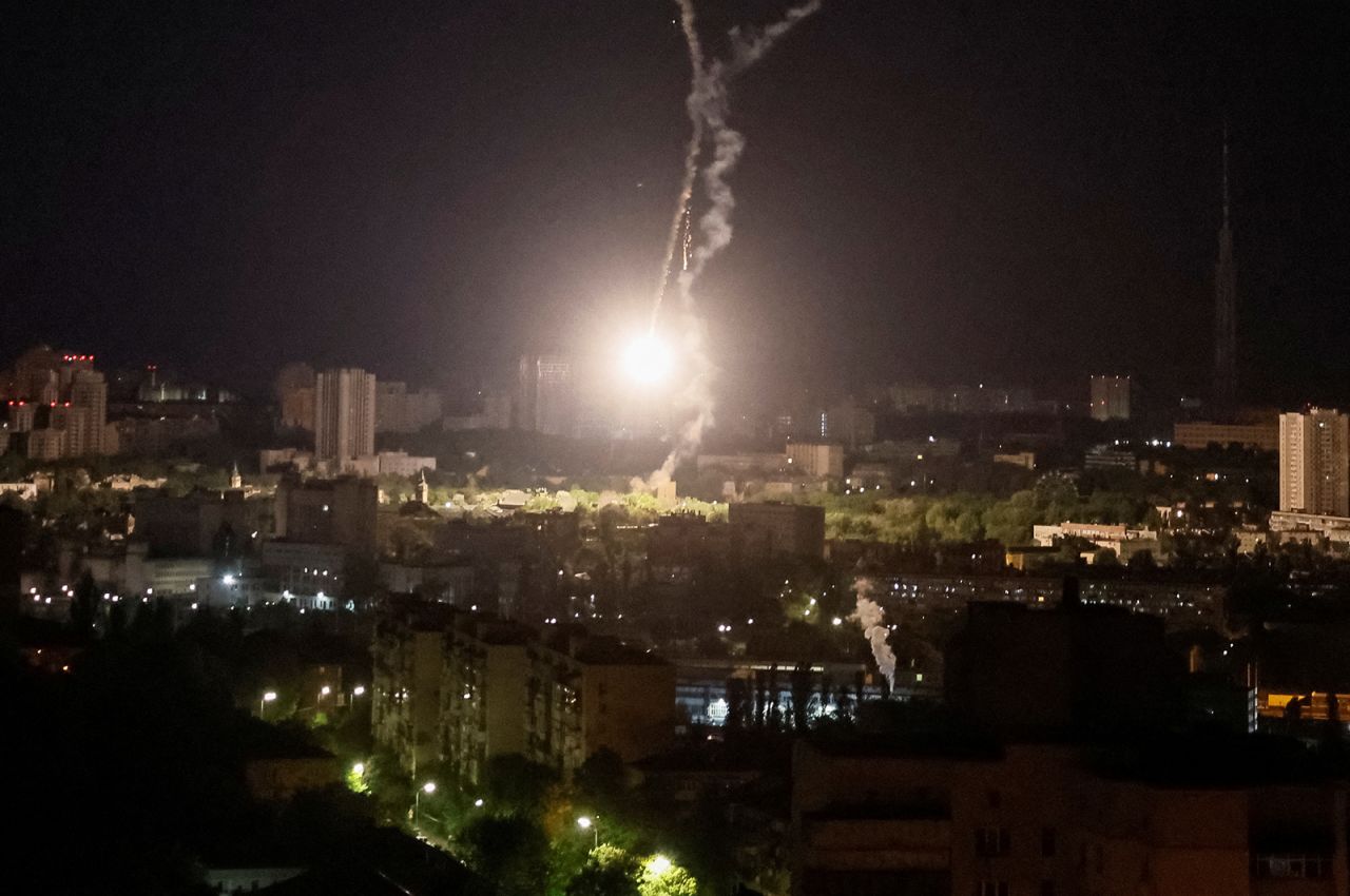 Explosion of a missile is seen in the sky over the city during a Russian missile strike in?Kyiv, Ukraine, on May 16.