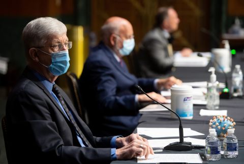 Francis Collins, director of the US National Institutes of Health, wears a protective mask during a Senate Appropriations Subcommittee hearing in Washington, DC, on July 2. 