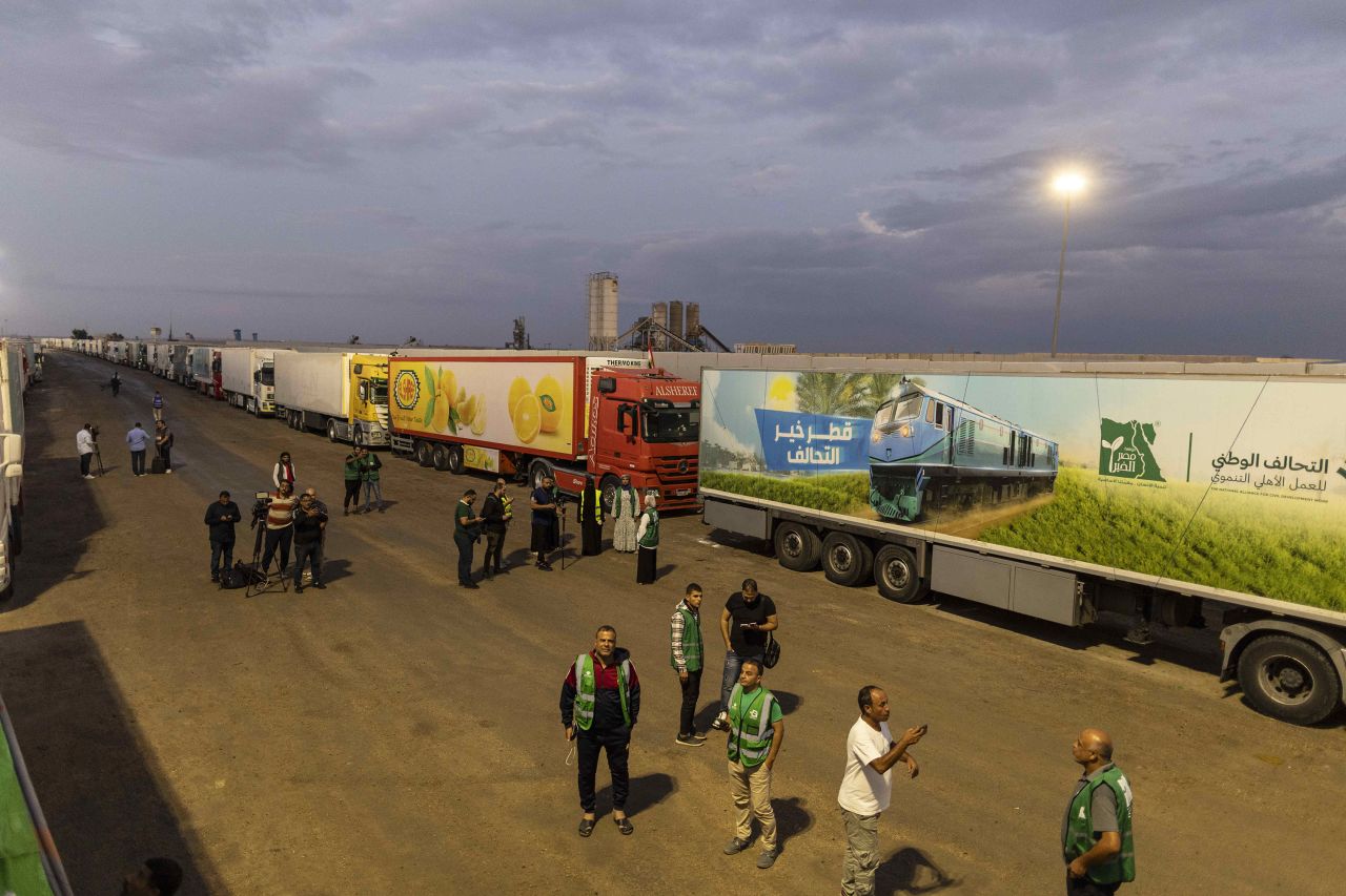 Aid convoy trucks are seen at the Rafah border on October 17, in North Sinai, Egypt. 