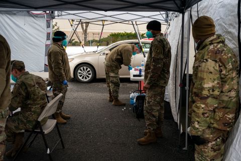 Washington National Guard personnel prepare to administer Covid-19 vaccinations at Town Toyota Center in Wenatchee, Washington, on January 26.
