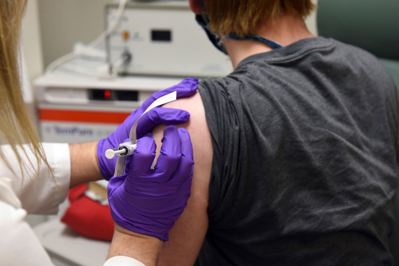 The first patient enrolled in Pfizer's Covid-19 vaccine clinical trial is pictured on May 4 at the University of Maryland School of Medicine in Baltimore.