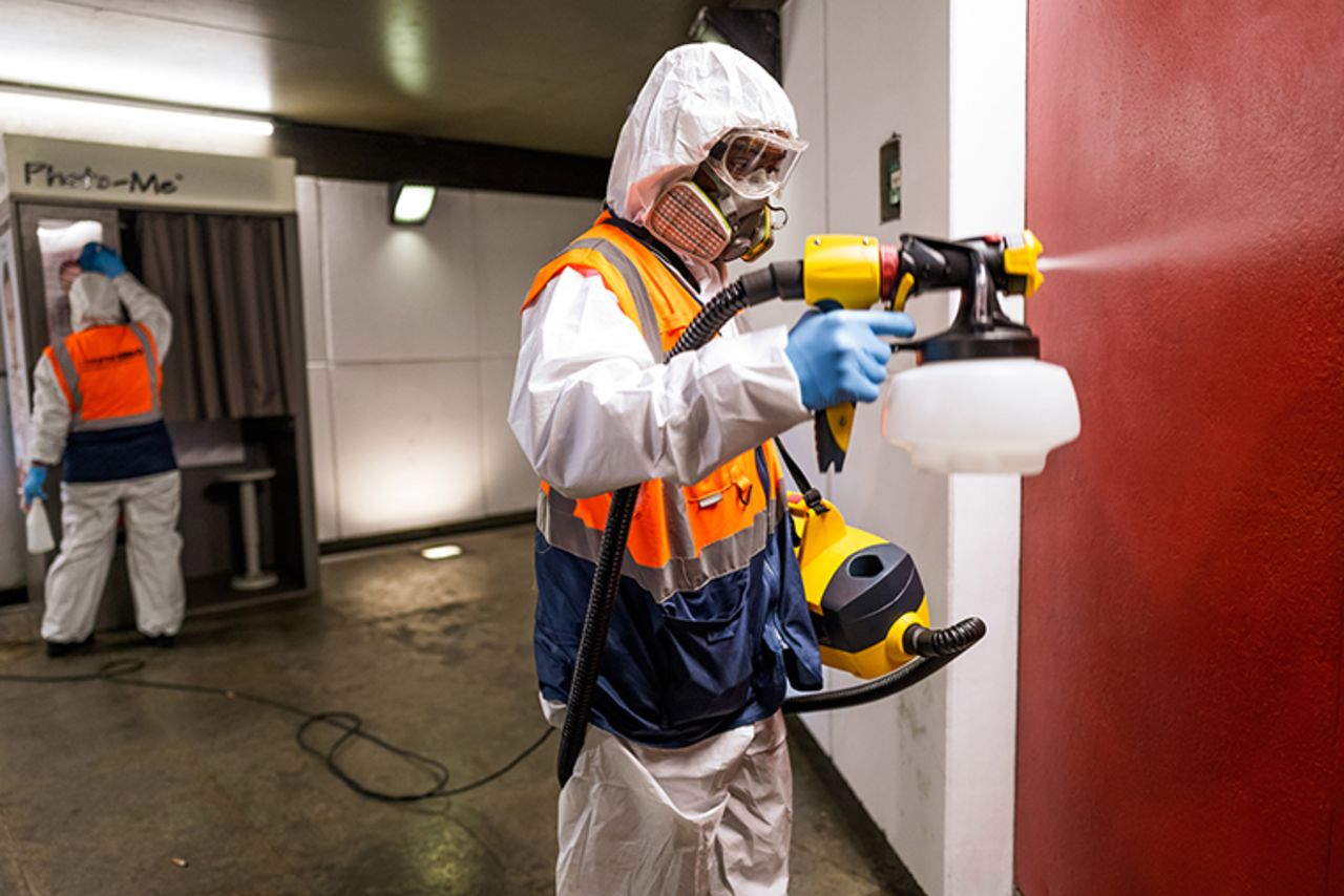 Municipal workers spray disinfectant during a cleaning operation at Rato station of the Lisbon Metro in Lisbon, Portugal on Wednesday, April 15. 