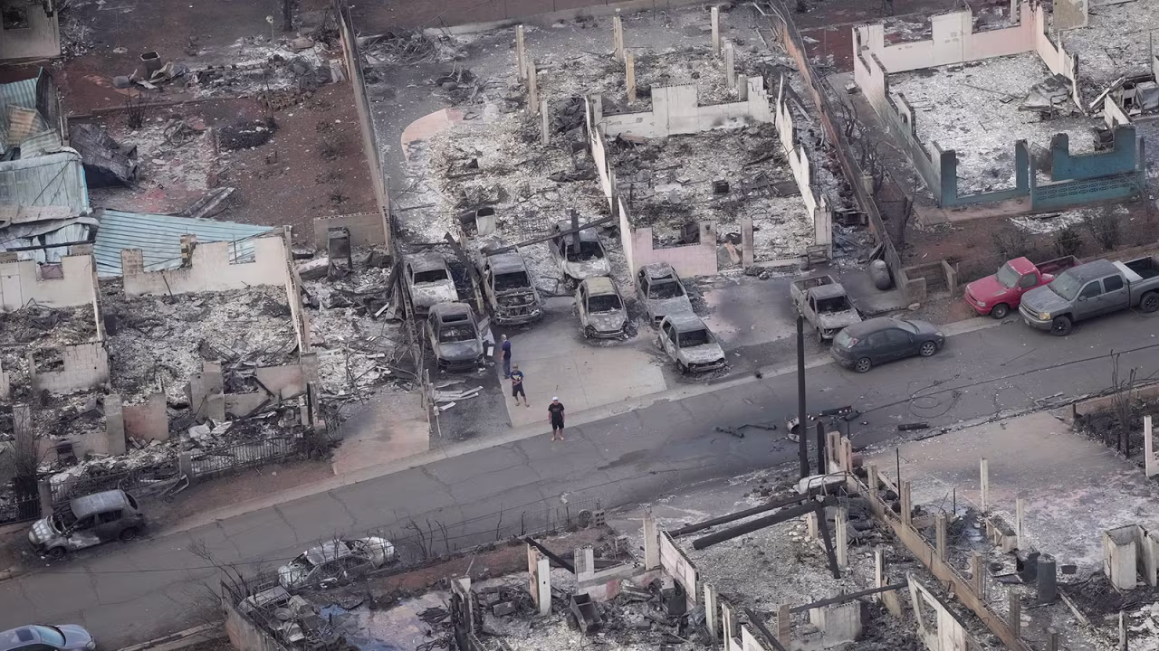 Burned-out homes in Lahaina, Hawaii, are seen in this aerial photo on Thursday, Aug. 10, 2023.