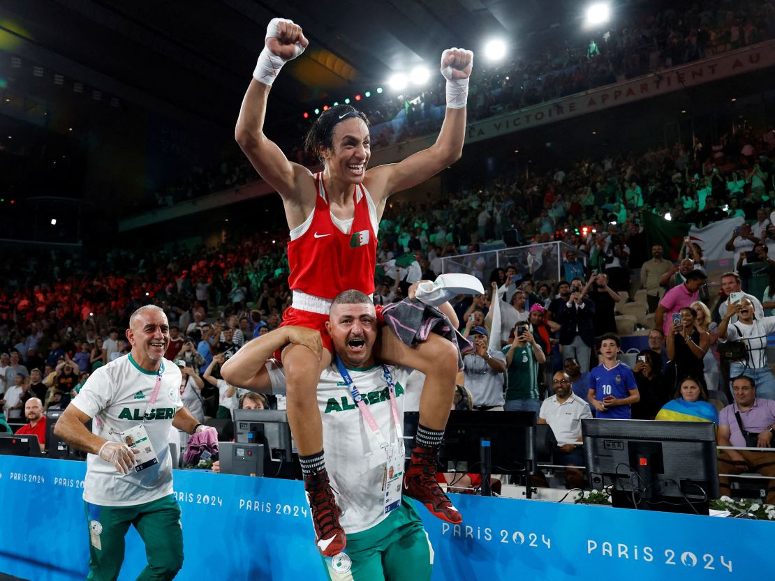 Algeria's Imane Khelif celebrates winning the 66kg welterweight final on August 9, 2024, in Paris.