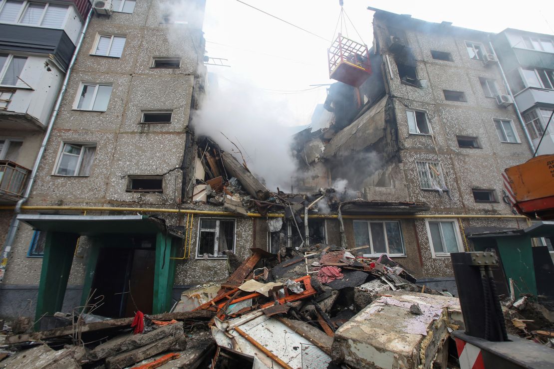 An apartment building in Sumy, eastern Ukraine, heavily damaged by a Russian drone strike.