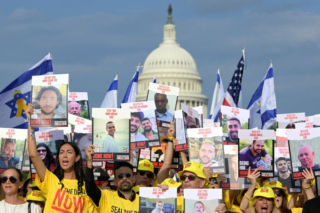 Families of Israeli hostages demonstrate ahead of Netanyahu's address to Congress, at the National Mall in Washington, DC, July 23, 2024.