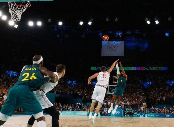 Australia's Patty Mills makes a shot over Serbia's Nikola Joki? during their quarterfinal game on August 6.