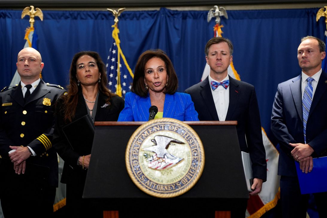US Attorney for the District of Columbia Jeanine Pirro speaks about the suspect in the fatal shooting of two Israeli embassy staff members, at the Justice Department in Washington, DC, on August 7.