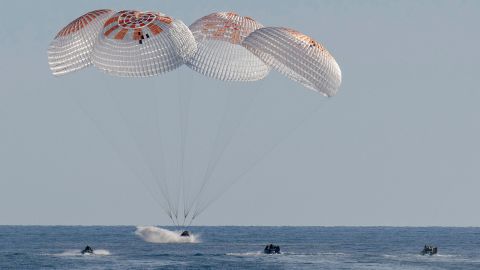 In this image provided by NASA, a SpaceX capsule splashes down in the Gulf of Mexico, Tuesday, March 18, 2025, as it lands off the coast of Florida with NASA astronauts Suni Williams, Butch Wilmore and Nick Hague, and Russian cosmonaut Alexander Gorbunov. (Keegan Barber/NASA via AP)