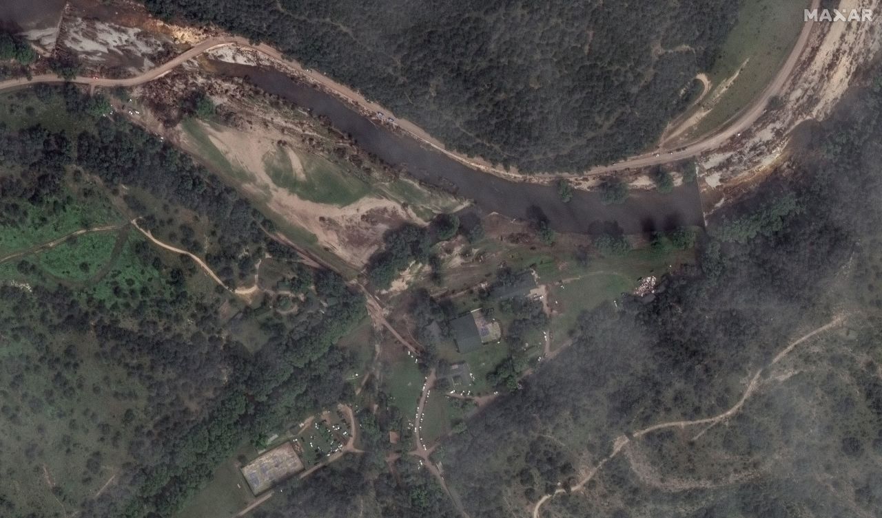 A satellite image of Camp Mystic in Hunt, Texas, on July 8, 2025, after the floods.