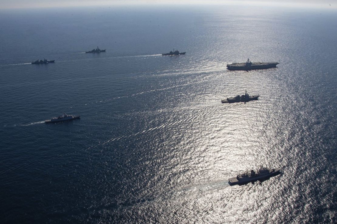 American aircraft carrier USS Ronald Reagan and other US and South Korean ships participate in joint exercises in waters off South Korea's eastern coast in 2022.