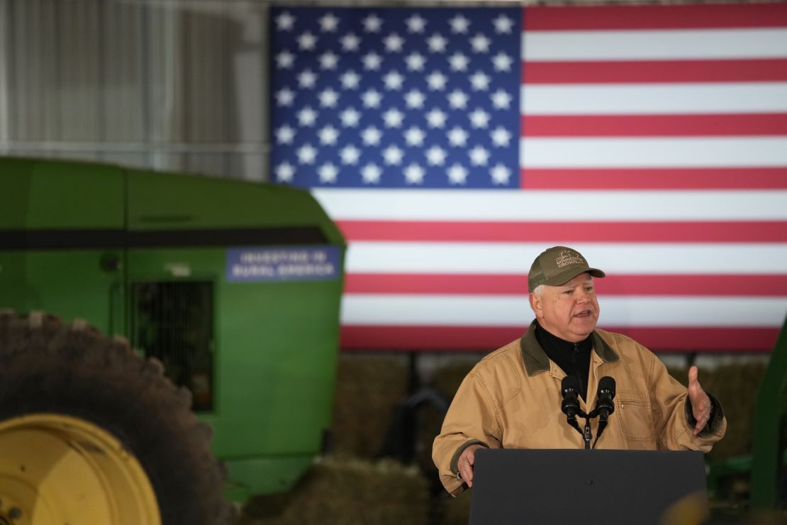 Minnesota Gov. Tim Walz speaks before the arrival of President Joe Biden at Dutch Creek Farms, Wednesday, November 1, 2023, in Northfield, Minnesota.