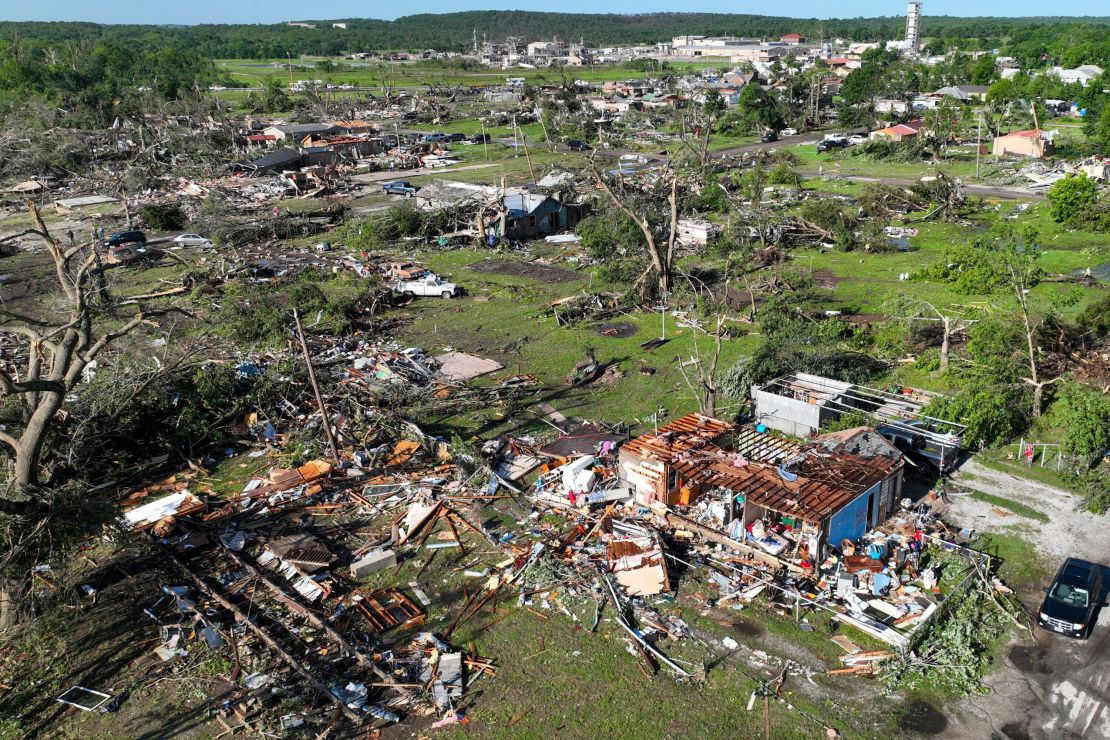 Debris and damage from an EF4 tornado is seen in Barnsdall, Oklahoma, on Tuesday, May 7, 2024.
