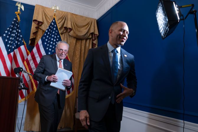 Senate Majority Leader Chuck Schumer, left, and House Minority Leader Hakeem Jeffries leave a news conference after <a href="https://www.cnn.com/2024/07/23/politics/schumer-jeffries-endorsement-kamala-harris/index.html">endorsing Harris for president</a> on July 23. “Kamala Harris and her candidacy has excited and energized the House Democratic Caucus, the Democratic Party and the nation,” Jeffries said.