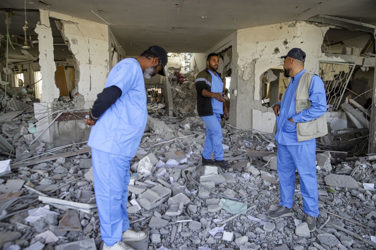 Palestinian medics inspect the damage at Al Najjar hospital inflicted by Israeli airstrikes on Rafah, as a ceasefire deal between Israel and Hamas went into effect on Sunday.