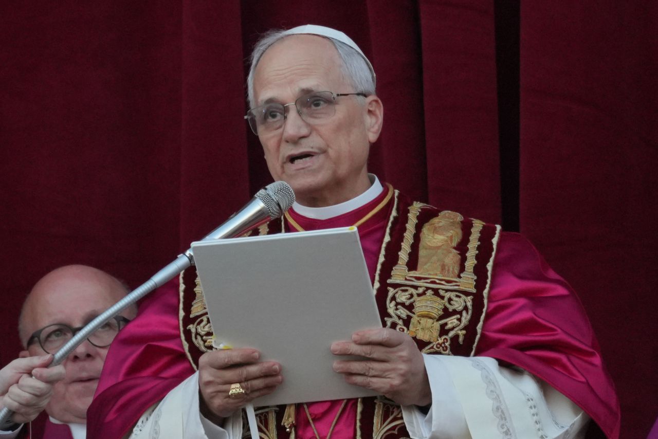 Newly elected Pope Leone XIV speaks to the crowd at St. Peter's Square.