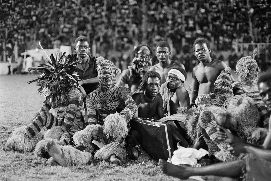 On October 30, 1974, just before the Rumble in the Jungle, Zairean men are seen at the stadium in Kinshasa.