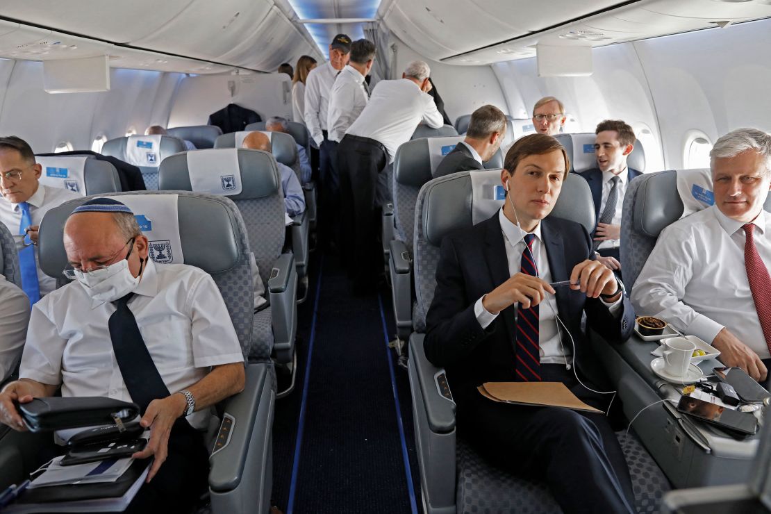 Kushner sits aboard an EL AL Airlines jet upon landing at Abu Dhabi Airport in the first-ever commercial flight from Israel to the UAE on August 31, 2020.