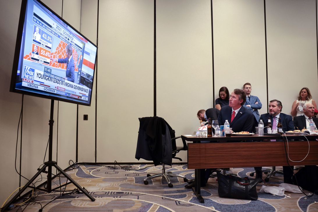 Glenn Youngkin, alongside his staff and Sen. Ted Cruz, watch results come in on election night in Chantilly, Virginia, on November 2, 2021.