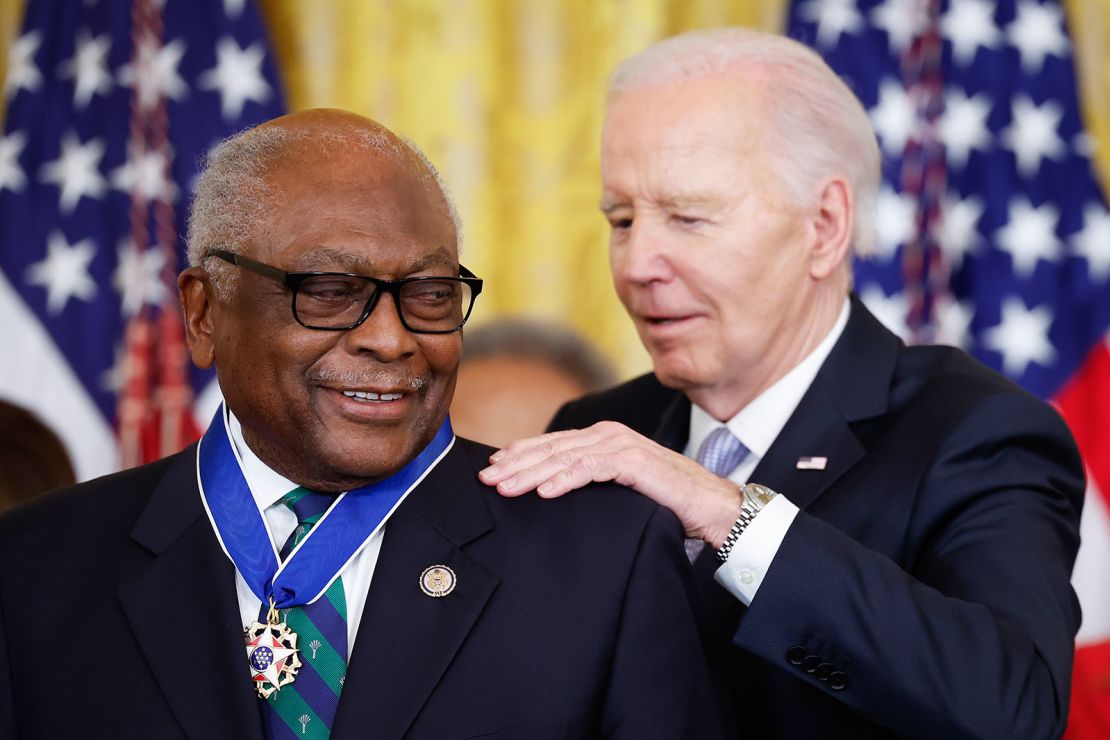 President Joe Biden awards the Medal of Freedom to Democratic Rep. James Clyburn during a ceremony in the East Room of the White House on May 3, 2024 in Washington, DC.