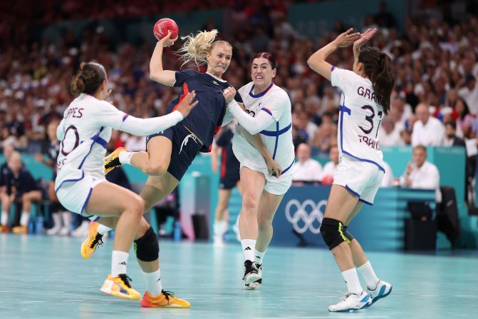 Norway’s Henny Reistad looks to shoot against France during the handball final on August 10. <a >Norway won 29-21</a> to earn the gold medal.