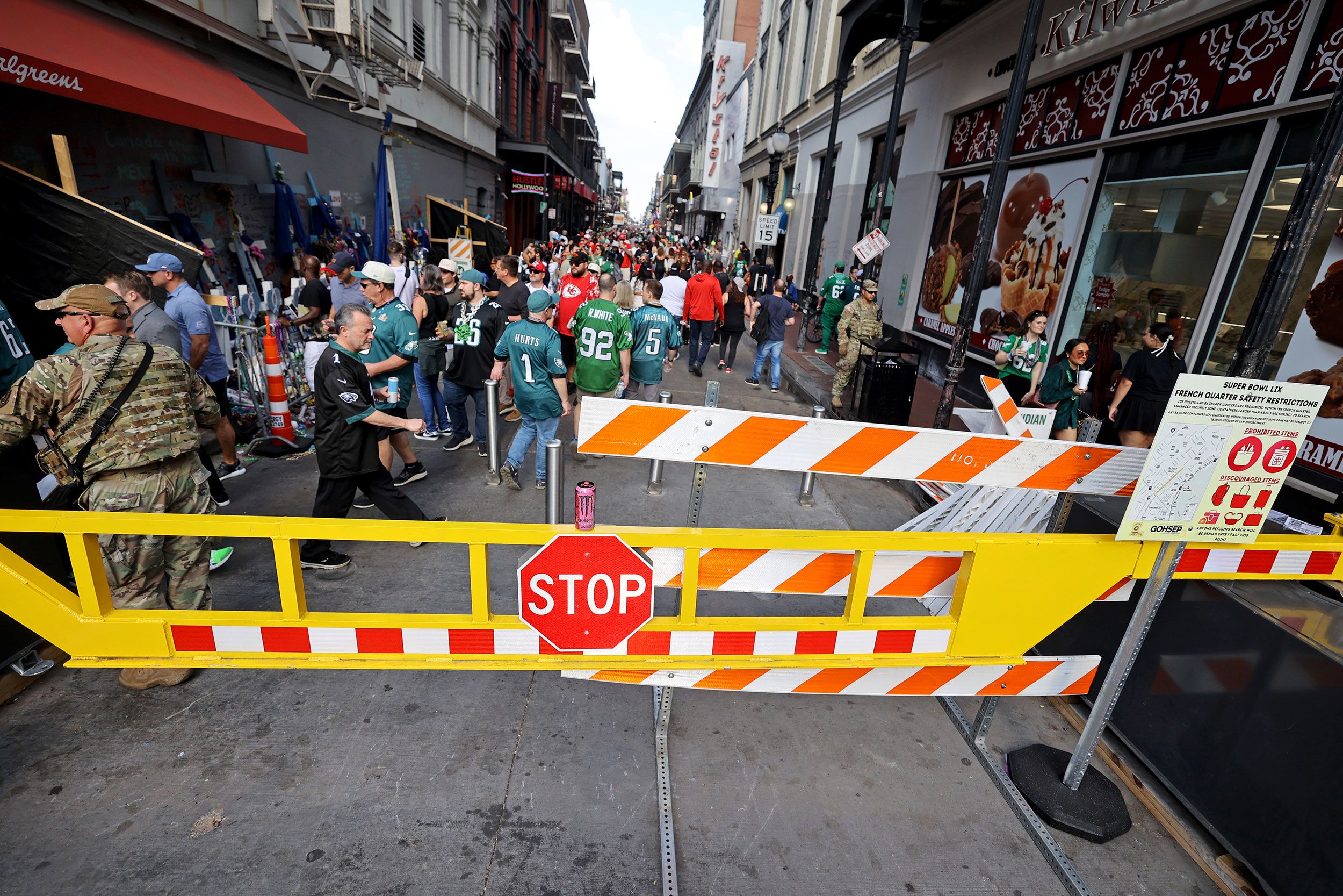 Barricades block the entrance to the Canal Street entrance of New Orleans' Bourbon Street on Sunday. Bourbon Street was the site of an <a href='https://www.cnn.com/2025/02/07/us/new-orleans-terror-attack-super-bowl/index.html'>ISIS-inspired ramming attack on New Year's</a>. Fourteen people were killed.