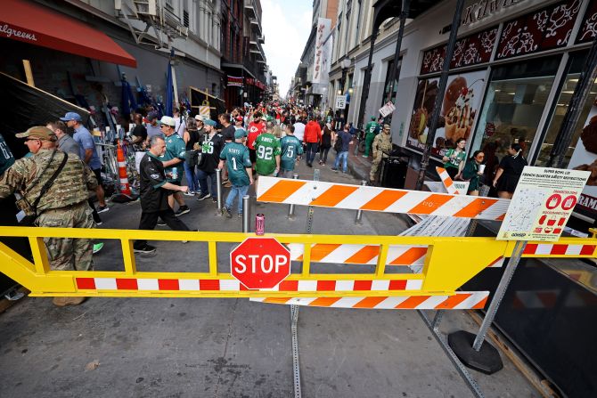 Barricades block the entrance to the Canal Street entrance of New Orleans' Bourbon Street on Sunday. Bourbon Street was the site of an <a href="https://www.cnn.com/2025/02/07/us/new-orleans-terror-attack-super-bowl/index.html">ISIS-inspired ramming attack on New Year's</a>. Fourteen people were killed.