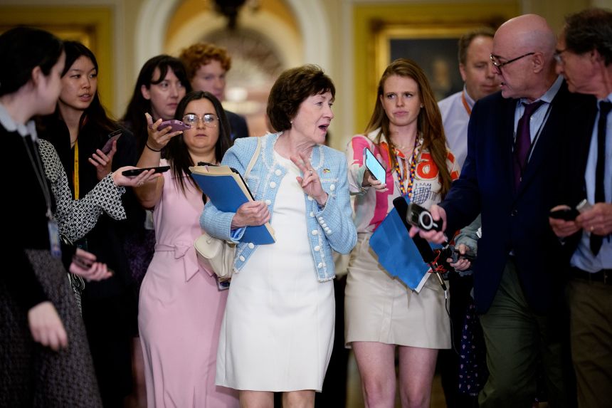 Sen. Susan Collins speaks to reporters at the US Capitol in June.