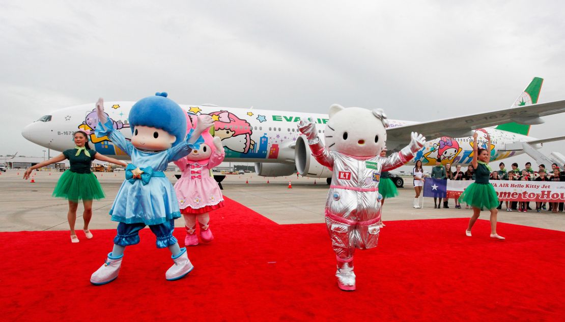 Taiwan's EVA Air unveils a Hello Kitty-themed airplane at George Bush Intercontinental Airport in Houston, Texas in 2015.