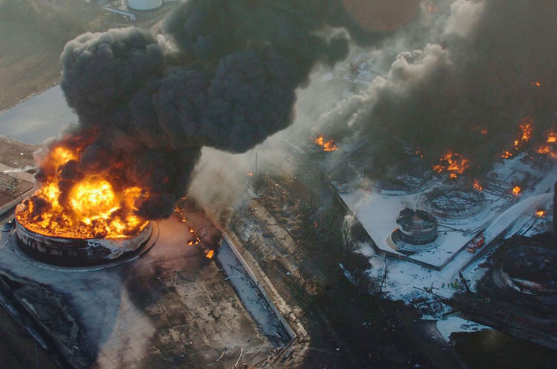 A fire burns at the Buncefield oil depot following the 2005 explosion.