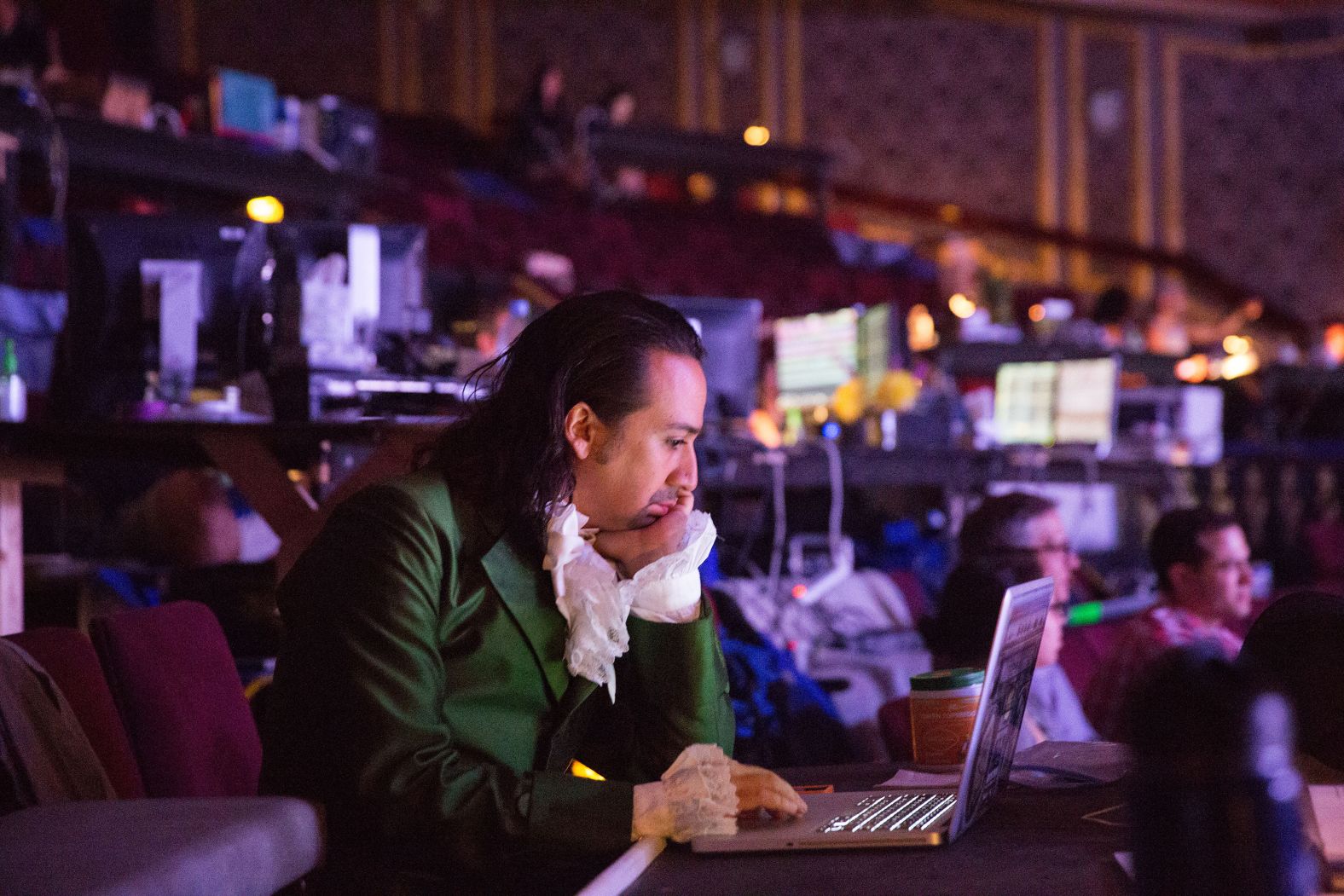 Miranda works at his computer while on break from rehearsal in July 2015.