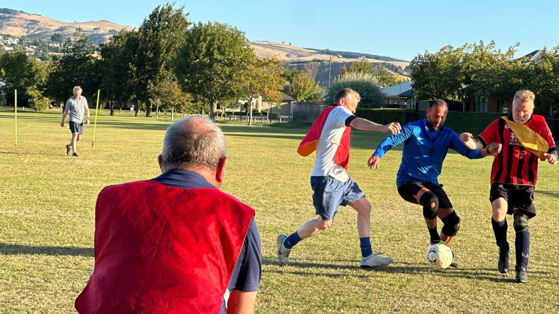 Ataçocuğu plays soccer with his walking football club at Halswell Domain on February 21, 2024. He says it's the only time his flashbacks subside.