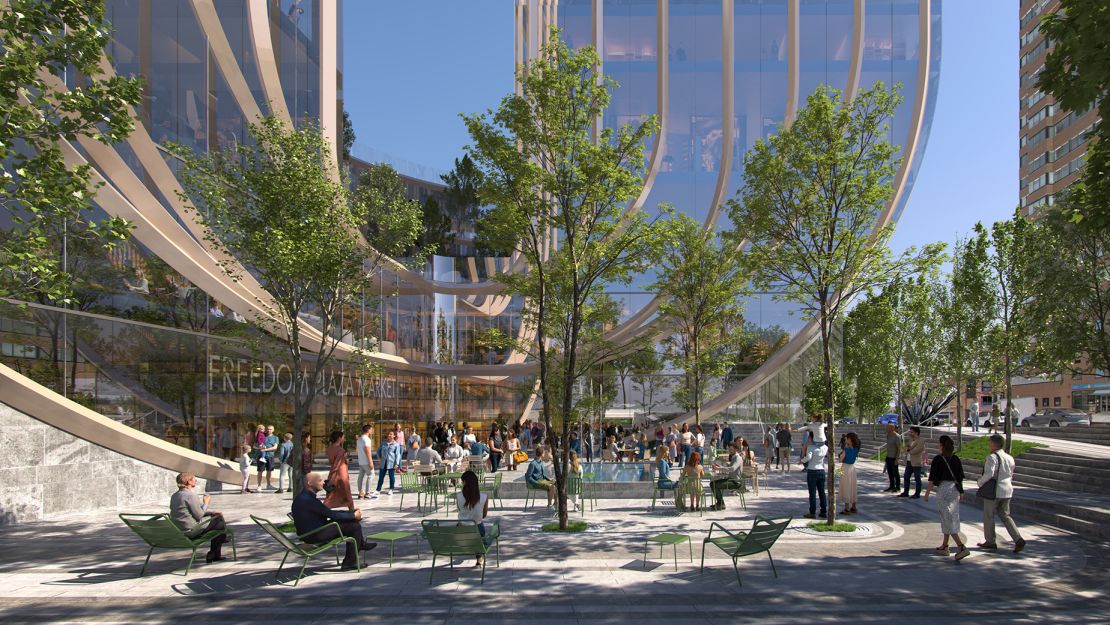The project's two residential towers will be connected at ground level by a podium housing a food market and retail space.