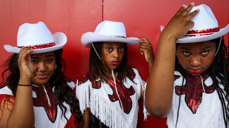 Sarai Howard Johnson, Zamirah Chadwick and Sydnee Littleton with Self Enhancement Inc. dance group before their performance at the 8 Seconds Juneteenth Rodeo on Sunday, June 16, 2024 at Veterans Memorial Coliseum in Portland, Ore.