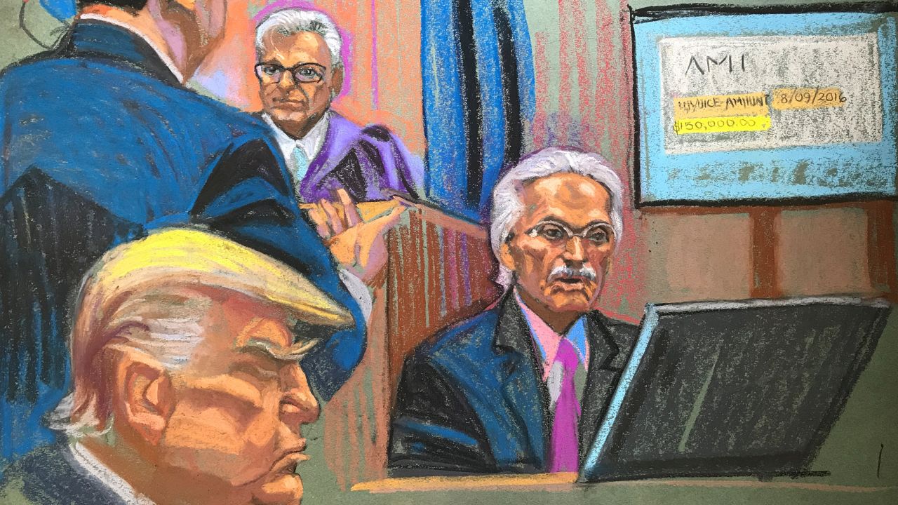 In this court sketch, former President Donald Trump, bottom left, watches as “tabloid king” David Pecker returns to the stand in Manhattan Criminal Court in New York on Thursday.
