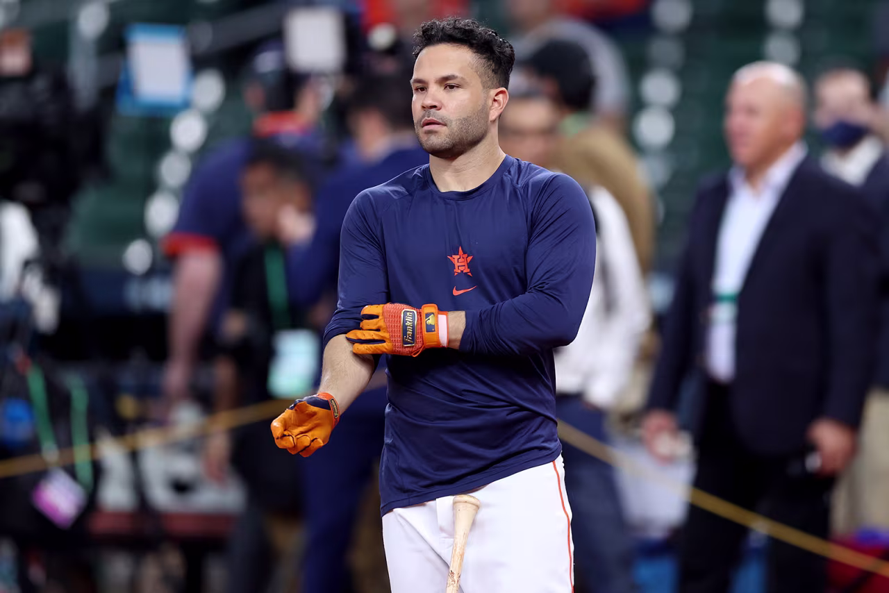 Jose Altuve of the Houston Astros takes batting practice prior to Game One of the World Series against the Atlanta Braves at Minute Maid Park on October 26, in Houston. 