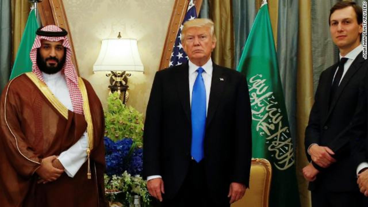 US President Donald Trump, flanked by White House senior advisor Jared Kushner, meets with Saudi Arabia's Crown Prince Mohammed bin Salman in Riyadh in May last year. 