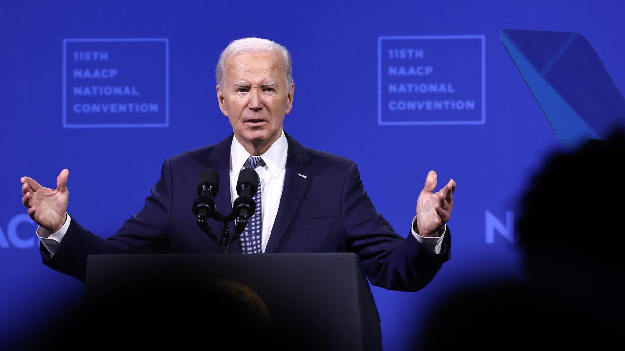 President Joe Biden speaks at the NAACP National Convention on July 16, in Las Vegas. 