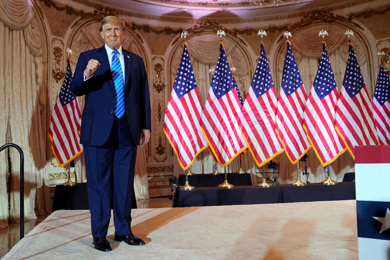 Former President Donald Trump greets the crowd at his Super Tuesday election night party at Mar-a-Lago in Palm Beach, Florida.