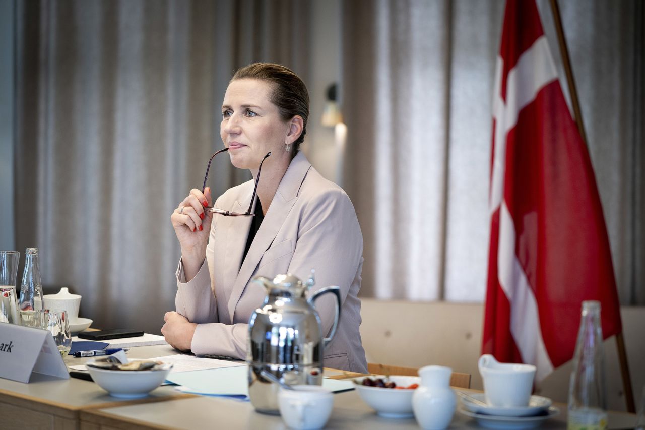 Denmark's Prime Minister Mette Frederiksen takes part in a video meeting with EU colleagues at Marienborg, north of Copenhagen, on Friday, June 19. 