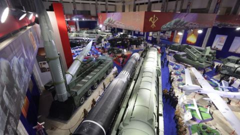 North Korea showcased new weapons, including the Hwasong-11MA hypersonic glide vehicle (left) at a weapons exhibition last weekend.