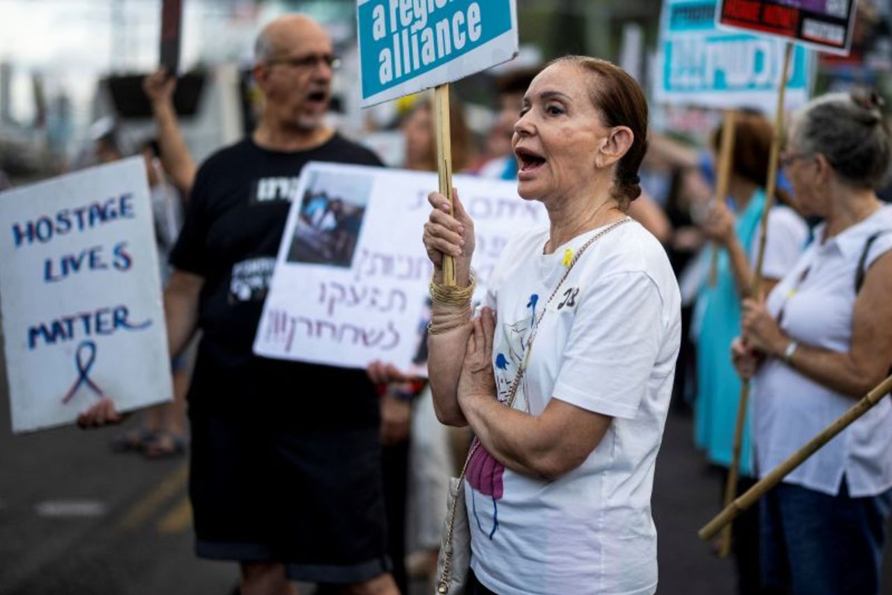 People take part in a protest in Tel Aviv, Israel, on June 10 demanding the immediate release of hostages kidnapped during the deadly October 7 attack.