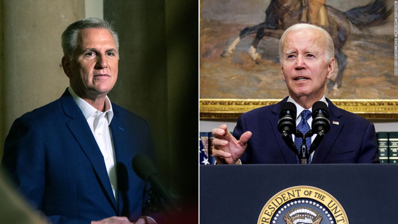 Left: Speaker of the House Kevin McCarthy (R-CA) speaks to the press after an "agreement principle" was reached between House Republicans and President Joe Biden's team to avoid a default on the U.S. debt at the U.S. Capitol on May 28. Right: US President Joe Biden delivers remarks on the bipartisan budget agreement in the Roosevelt Room of the White House on May 28.