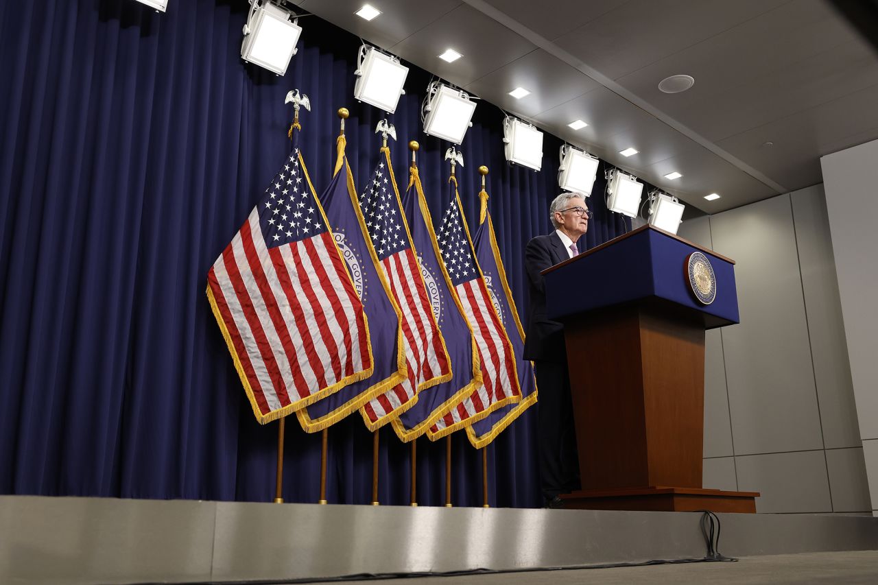 Federal Reserve Chairman Jerome Powell speaks during a news conference today following the Fed’s decision to cut rates by half a point.