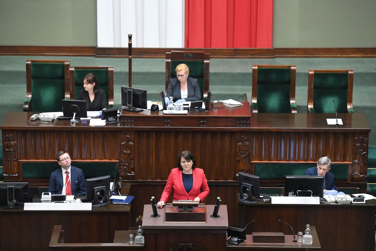 Representatives of the Life and Family Foundation with Kaja Godek take part in the parliamentary debate on the abortion bill at the Polish Parliament in Warsaw, Poland, April 15.