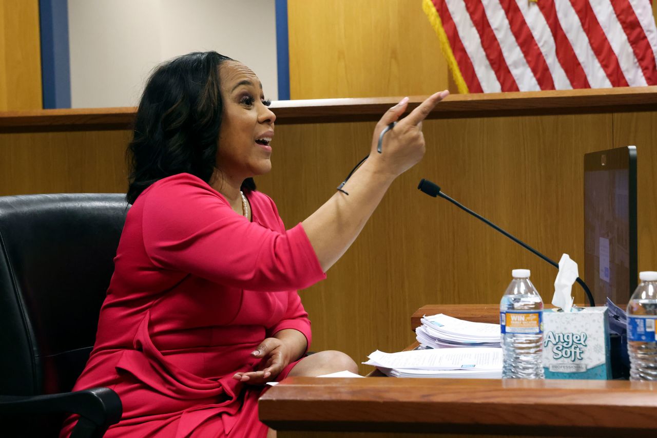 Fulton County District Attorney Fani Willis testifies during a hearing on the Georgia election interference case on February 15 in Atlanta.